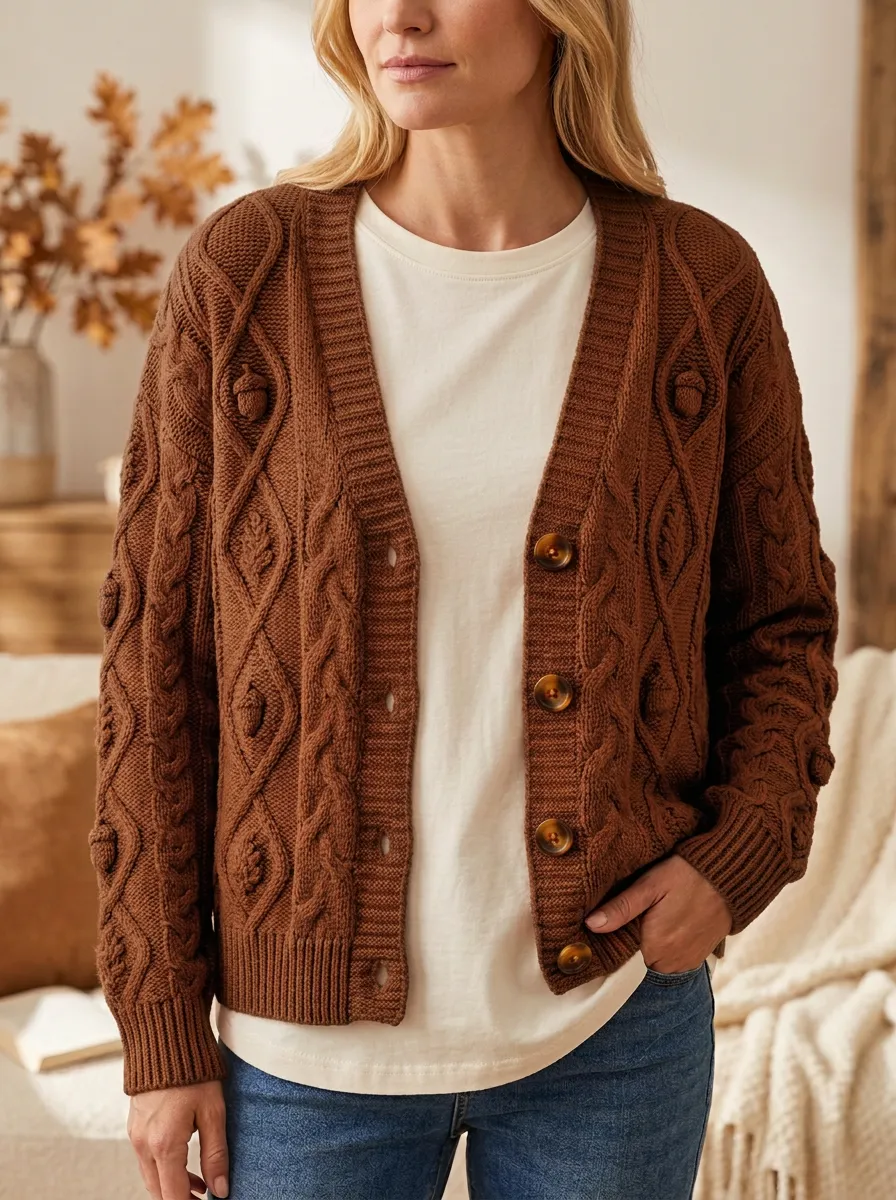 Acorn Cable Button Cable-Knit Women's Knit Cardigan