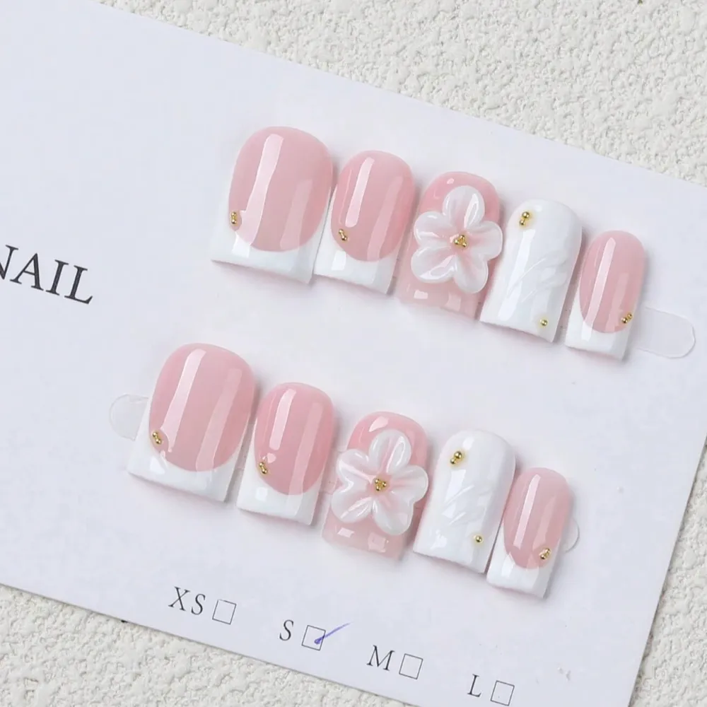 Nailhour 24Pcs French Medium Square 3D Floral Press On Nails