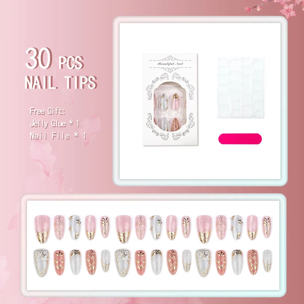 Nailhour 30Pcs French Glitter Floral Gilded Medium Almond Press On Nails
