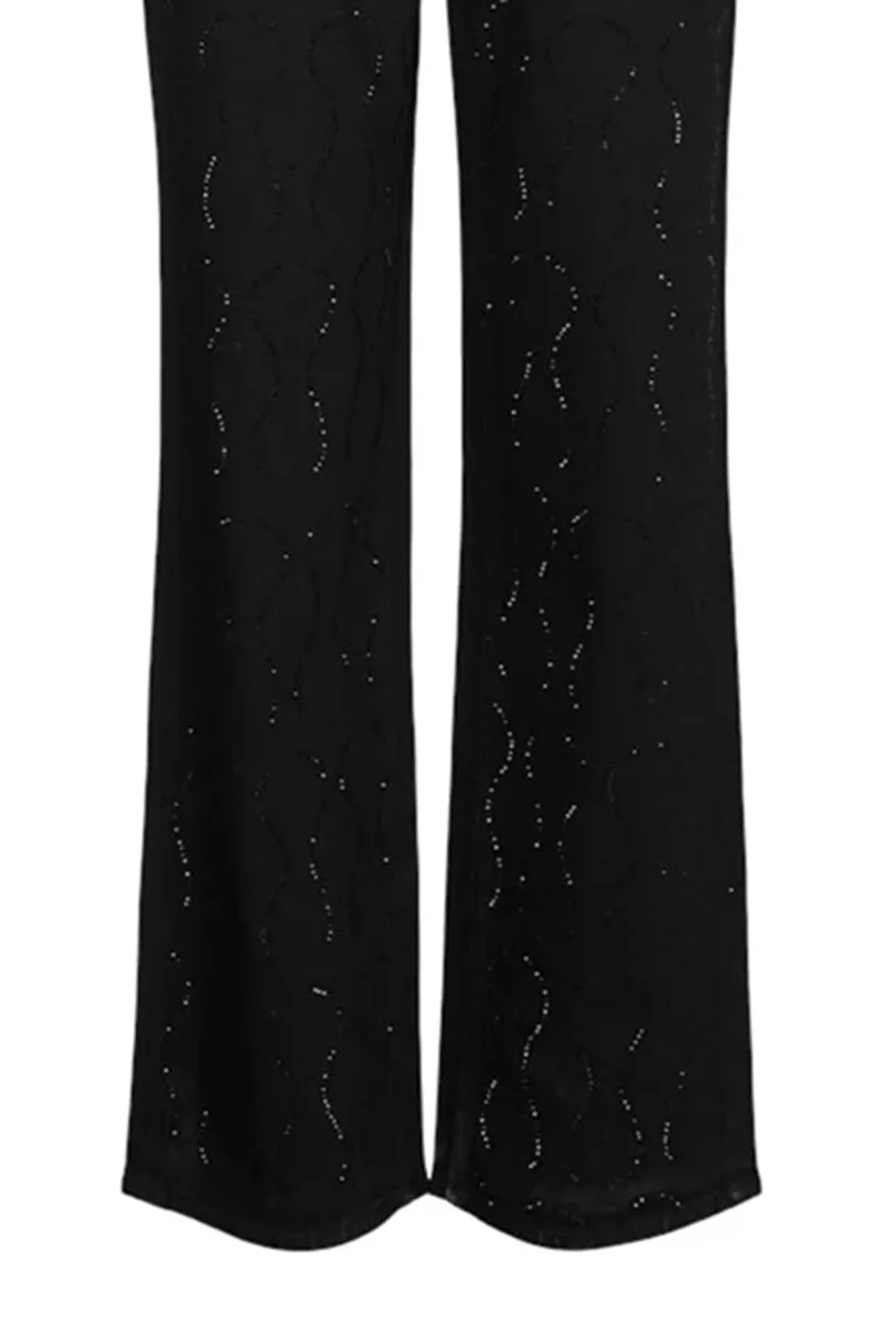 Patterned Wide Leg Black Trousers