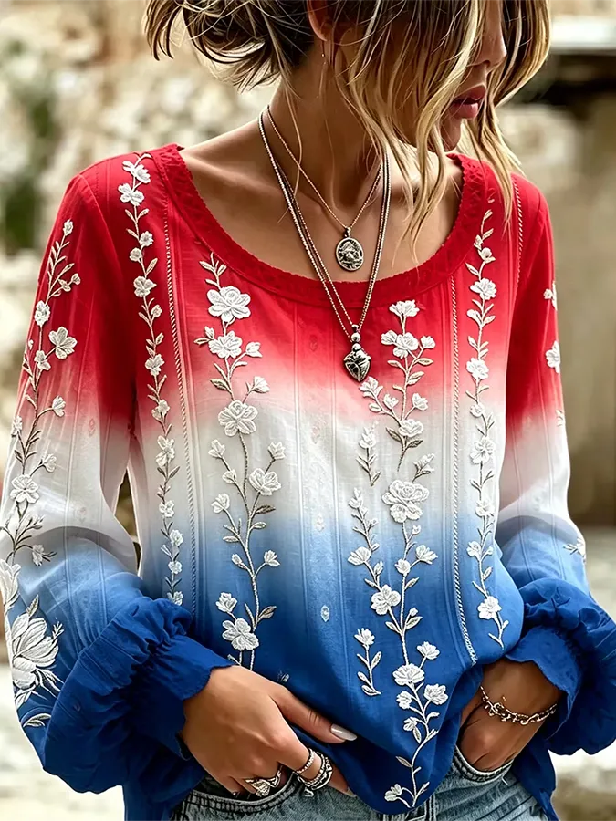 Women's Vintage American Flag Floral Art Cotton-Linen Shirt
