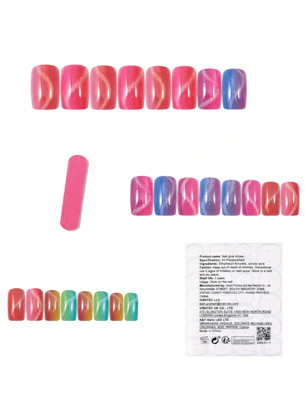 Nailhour 24pcs Rainbow Square Short Fake Nails Colorful Cat Eye Glitter Press On Nails