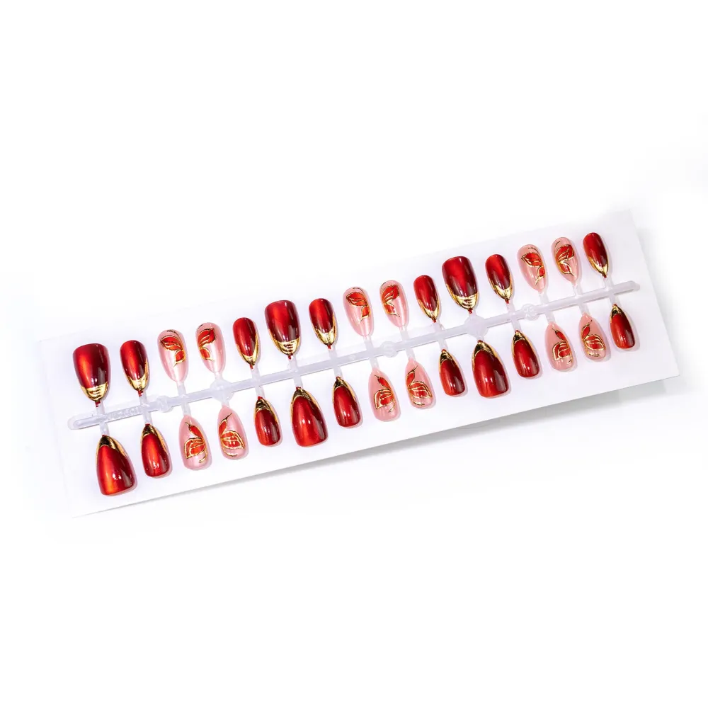 Nailhour 30Pcs Red Cat Eye Gilded Medium Almond Press On Nails