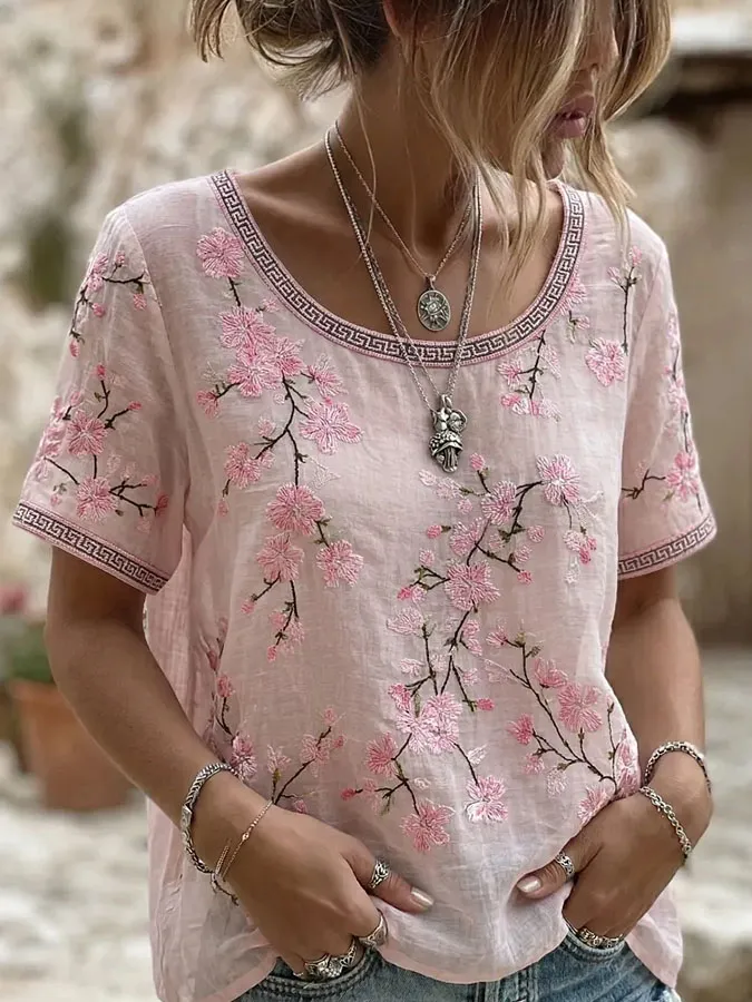 Women'S Casual Floral Print Cotton And Linen Round Neck Top