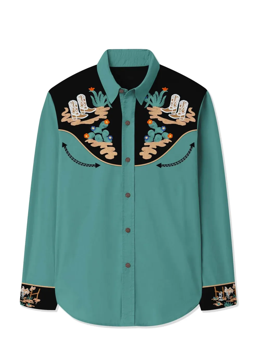 Western Cactus Printed Hawaiian Shirt For Men Button-down Shirt Long Sleeves 100% Cotton Shirt
