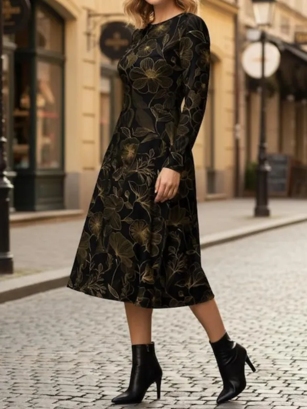 Elegant Gold Floral Print Dress