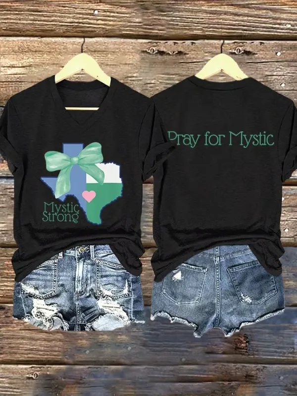 V Neck Retro Texas Strong Green Bow Mystic Strong Pray For Mystic Print T-Shirt