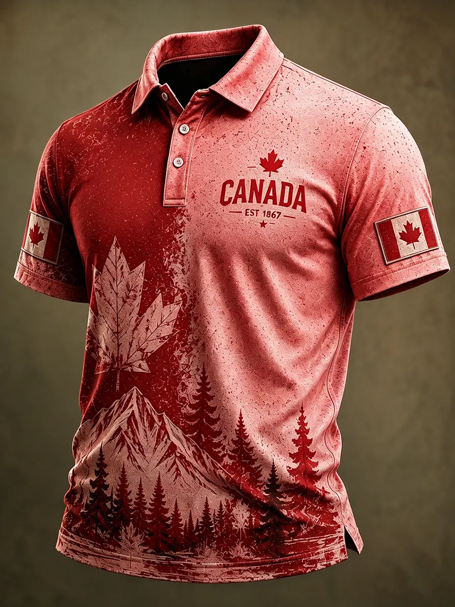 Men's Canada EST 1867 Vintage Flag Print Polo Shirt