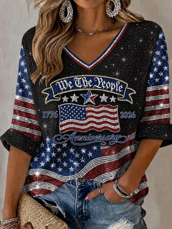 Women's Retro Independence Day Anniversary Printed Cotton Linen T-shirt