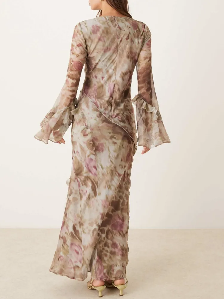 Printed Round Neck Flared Sleeve Dress