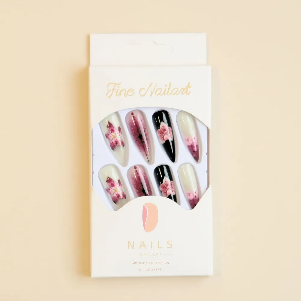 Nailhour 24Pcs Long Almond French Floral 3D Press On Nails