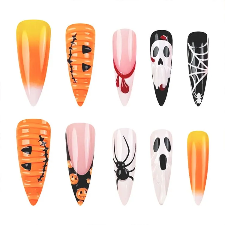 Nailhour 24Pcs Pumpkin Spider Halloween 3D Long Stiletto Press On Nails