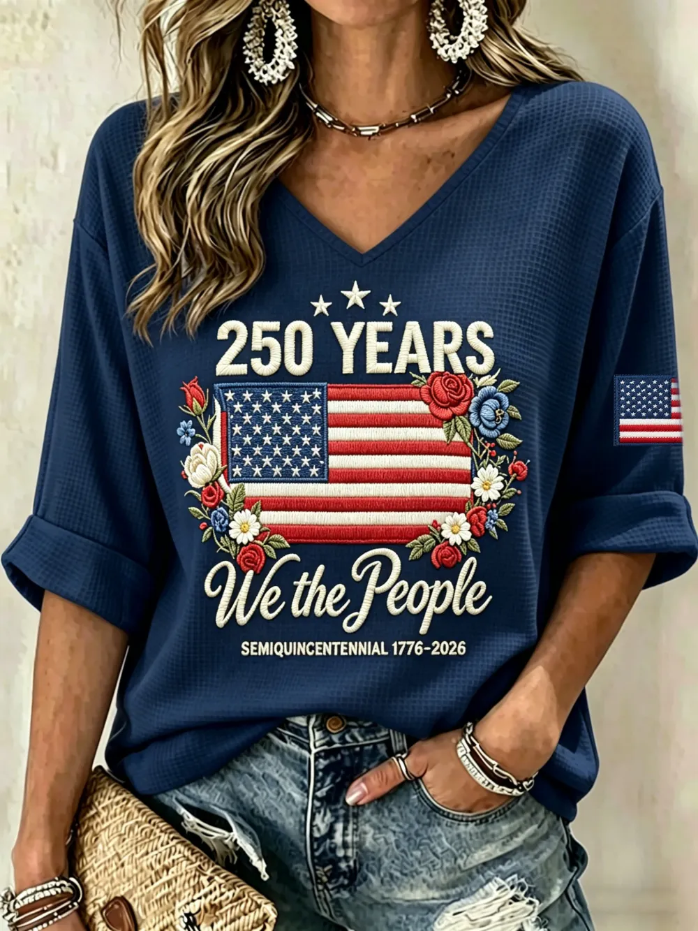 Women'S Retro Casual American Independence Day 250Th Anniversary Celebration Printed V-Neck Top