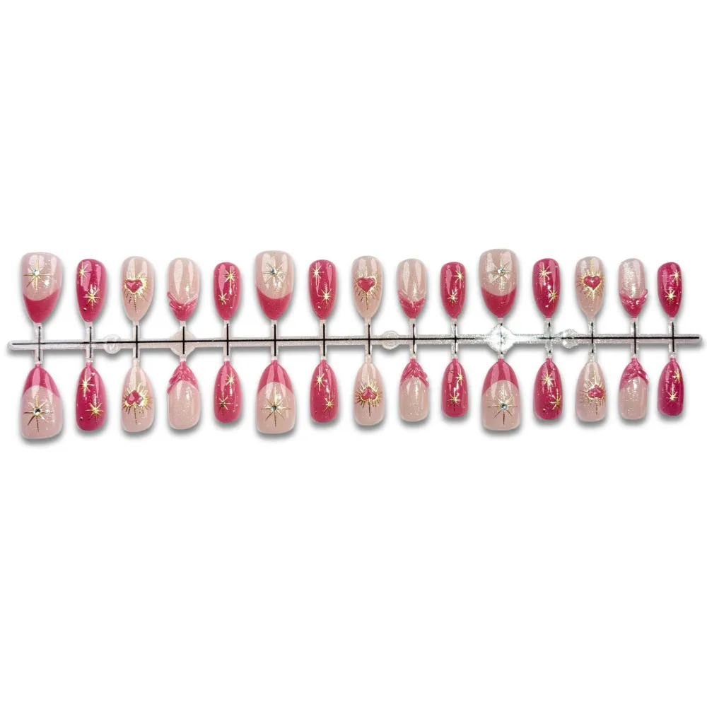 Nailhour 30Pcs Light Red Cat Eye Medium Almond French Press On Nails