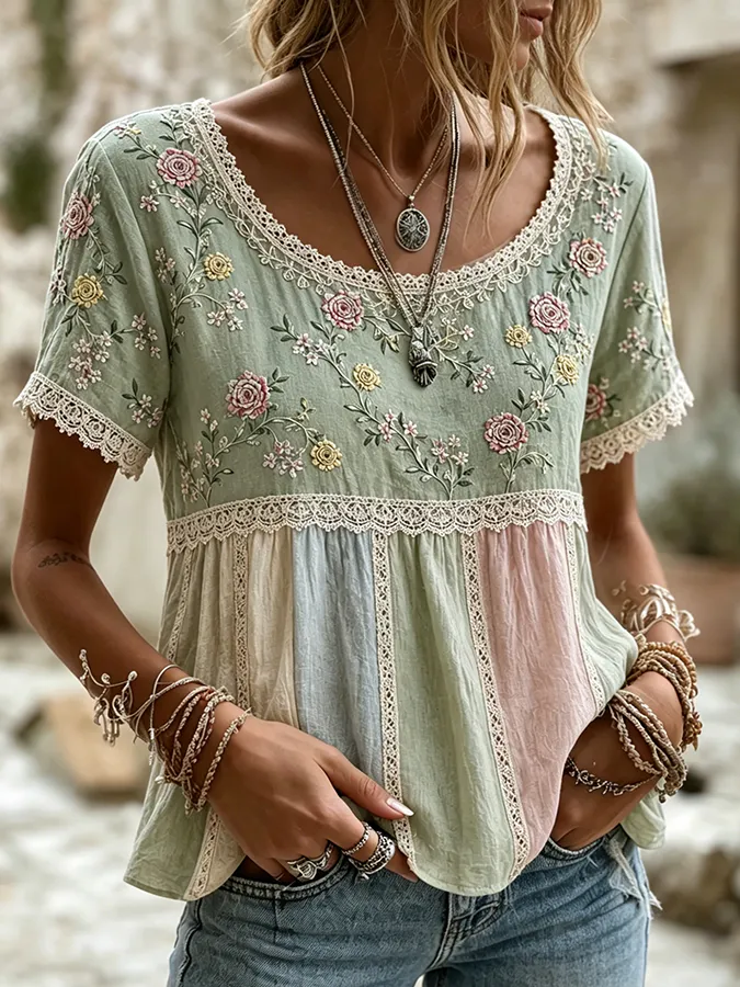 Women'S Casual Printed Cotton And Linen Round Neck Top