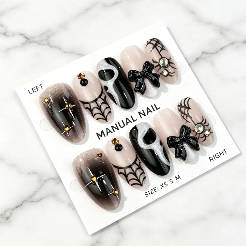 Nailhour 30Pcs Halloween Gilded 3D Medium Almond Dark Press On Nails