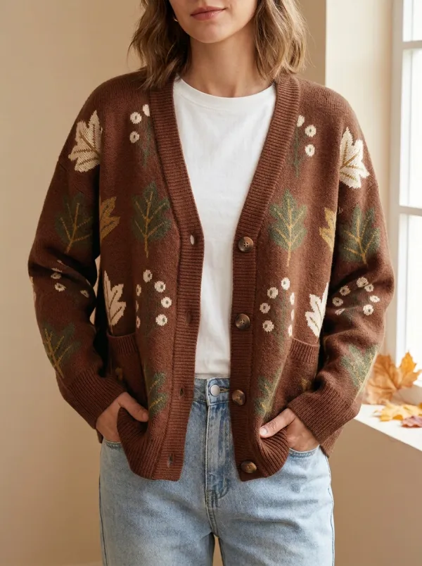 Leaf Berry Patterned Women's Knit Cardigan