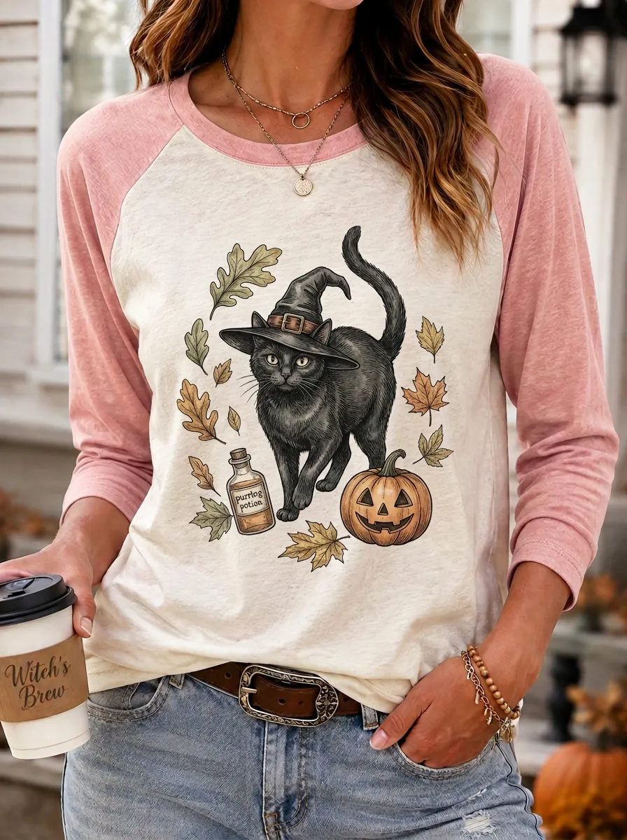 Women's Halloween Cat Witch Pumpkin Potion Printed T-shirt