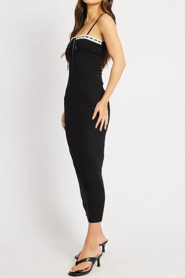 Black Bodycon Dress Maxi Ribbon Trim