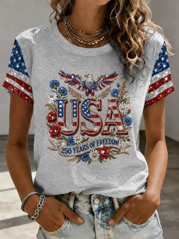 Women'S American Independence Day 250Th Anniversary Printed Short Sleeved T-Shirt