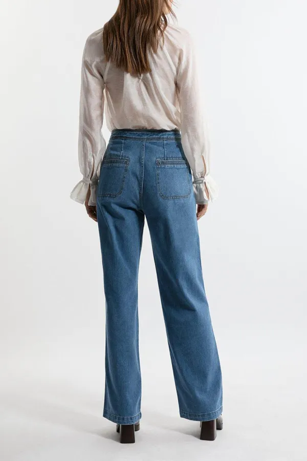 Denim Tailored Button Front Wide Leg Jeans