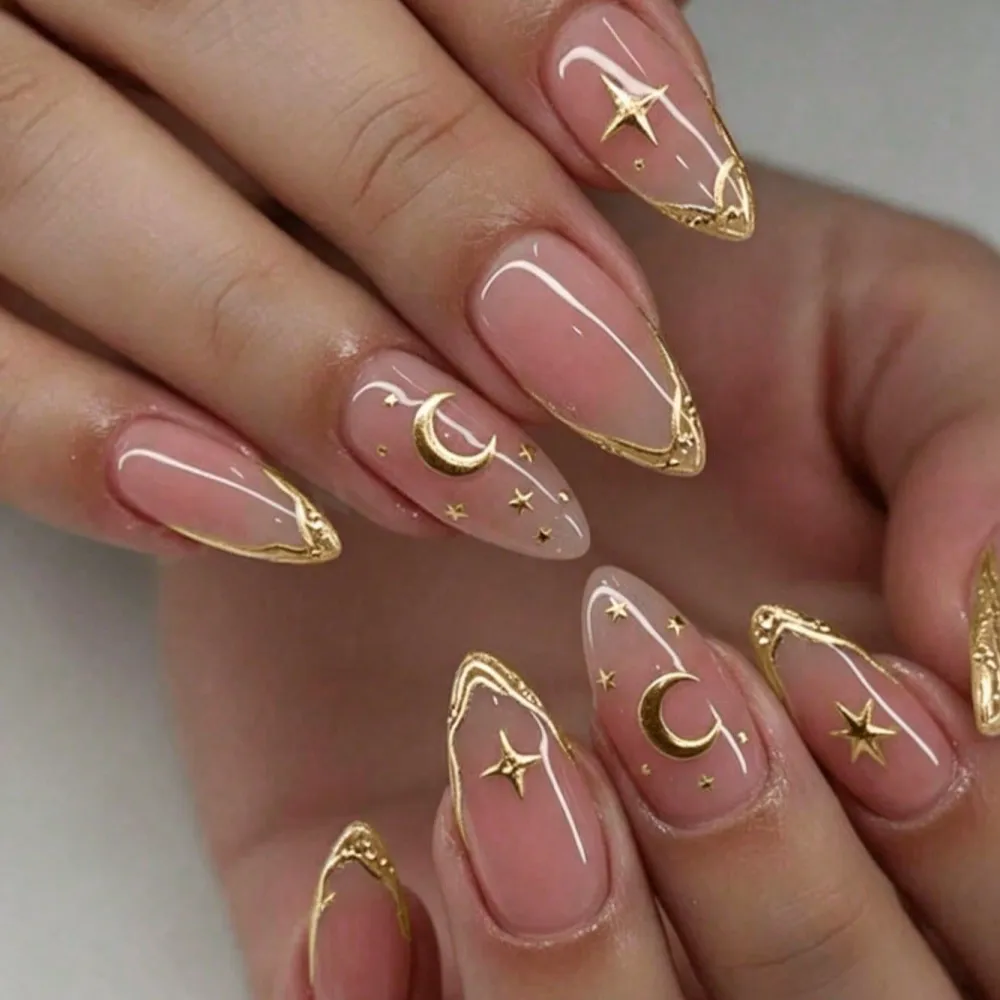 Nailhour 30Pcs Daily 3D Gilded French Medium Almond Press On Nails