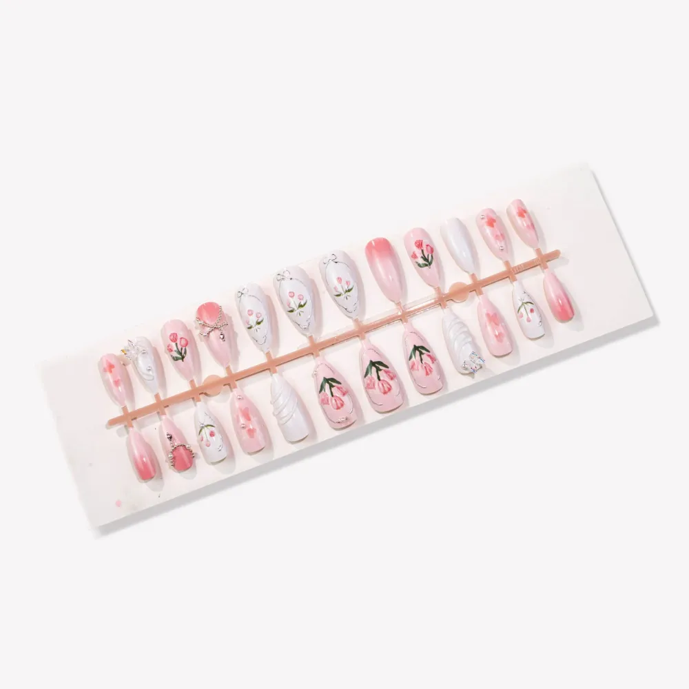 Nailhour 24Pcs Pink Tulip Medium Almond French Press On Nails