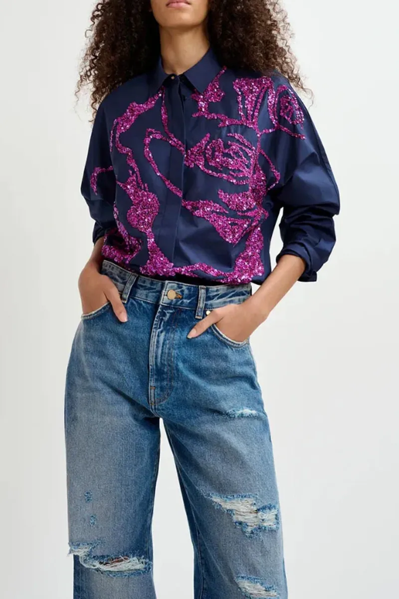 Floral Patterned Long Sleeve Navy Shirts