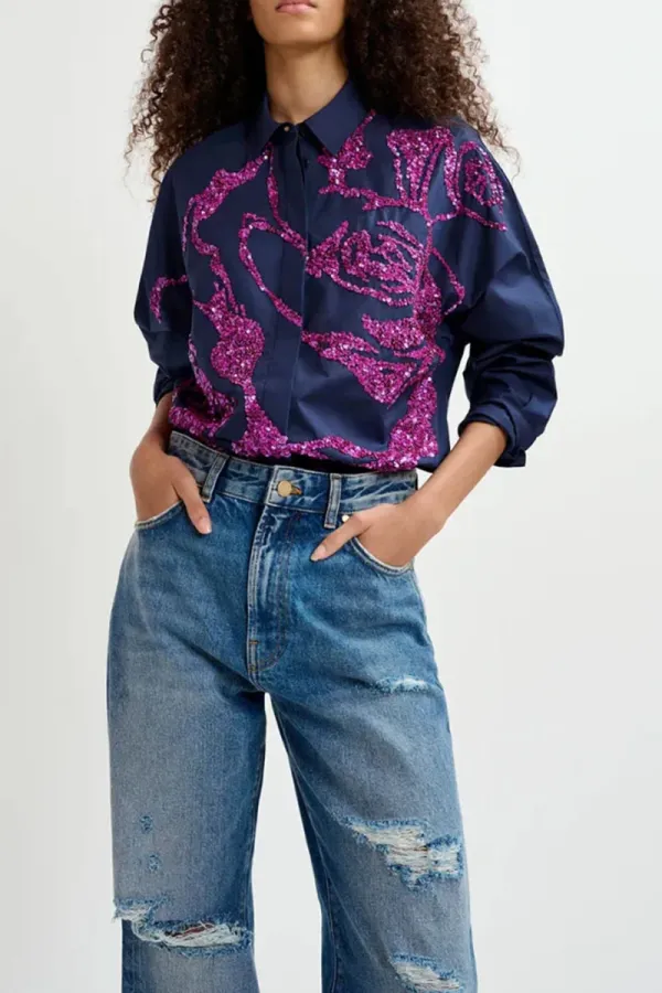 Floral Patterned Long Sleeve Navy Shirts