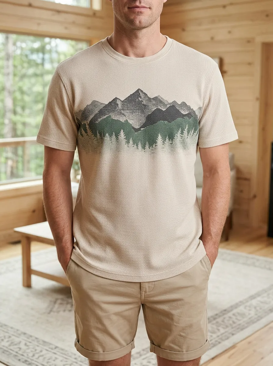 Men's Nature Outdoor Lover Mountain Forest Waffle Artistic Crew Neck T-Shirt