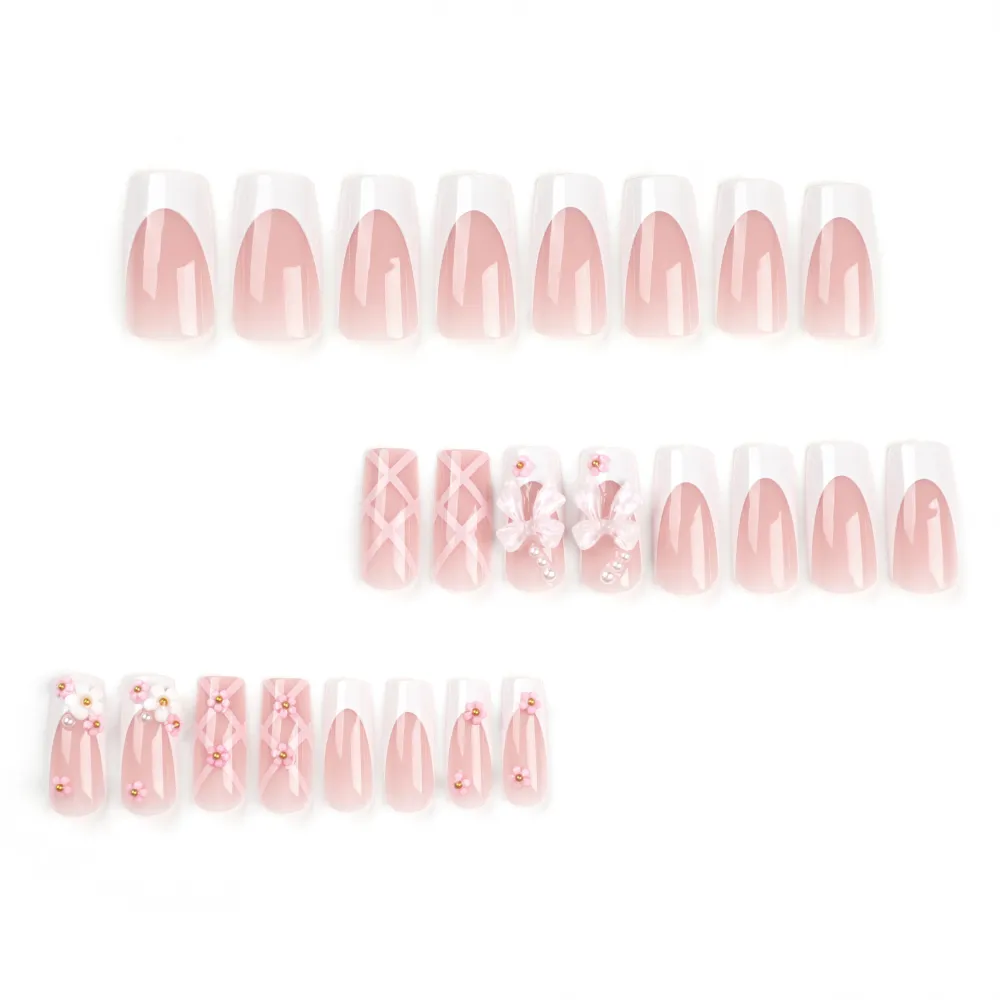 Nailhour Square Date 24Pcs Bow-knot French Press On Nails