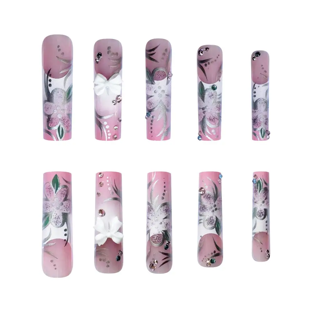 Nailhour 24Pcs 3D Glitter Floral Extra Long Square Press On Nails