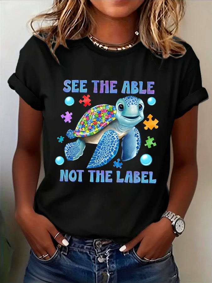 Women'S Autism Awareness "See The Able Not The Label" Printed Round Ne ...