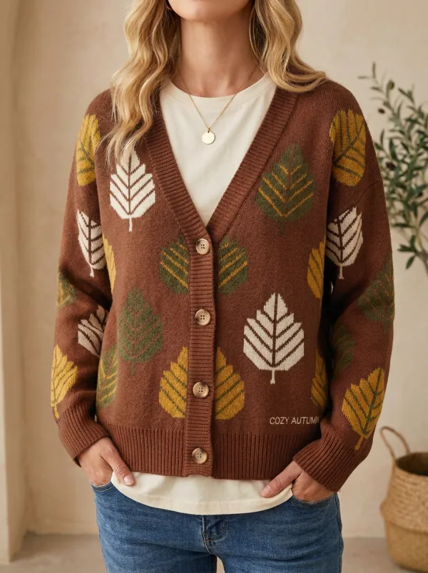 Leaf Pattern Embroidered Women's Knit Cardigan