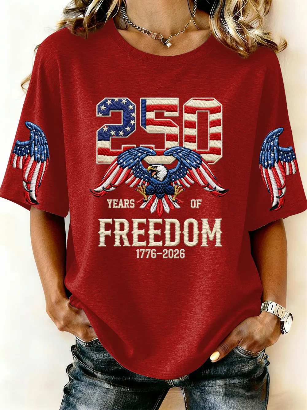 Women’s USA 250th Anniversary Embroidered Print Crew Neck Short Sleeve T-Shirt