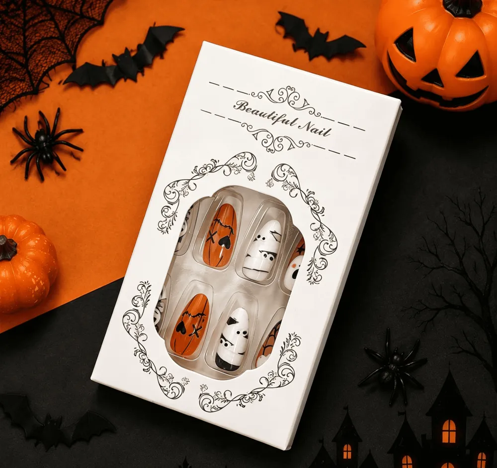 Nailhour 24Pcs Halloween Ghost Holiday Short Almond Press On Nails