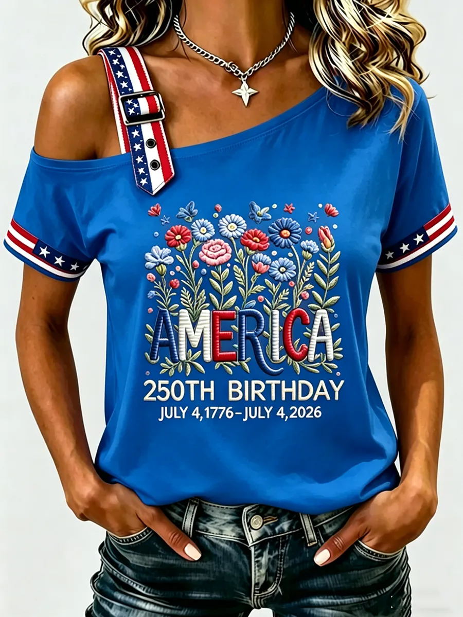 Women'S 250Th Anniversary American Round Neck Shoulder T-Shirt