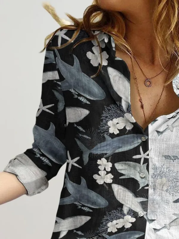 Ocean Theme Split-Color Button Shirt