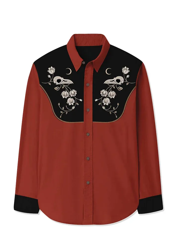 Flower And Raven Skull - 100% Cotton Long Sleeves Shirt