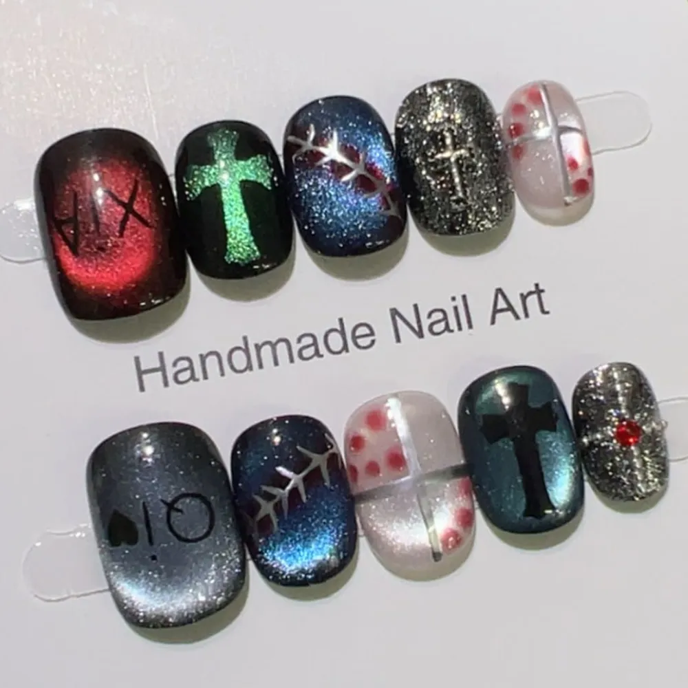 Nailhour 10Pcs Y2K Gothic Cat Eye Short Squoval Press On Nails