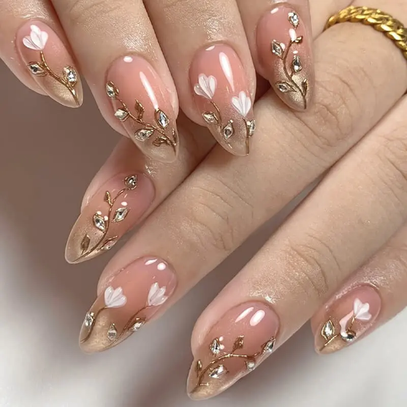 Nailhour 24Pcs Nude Floral Glitter Medium Almond Press On Nails