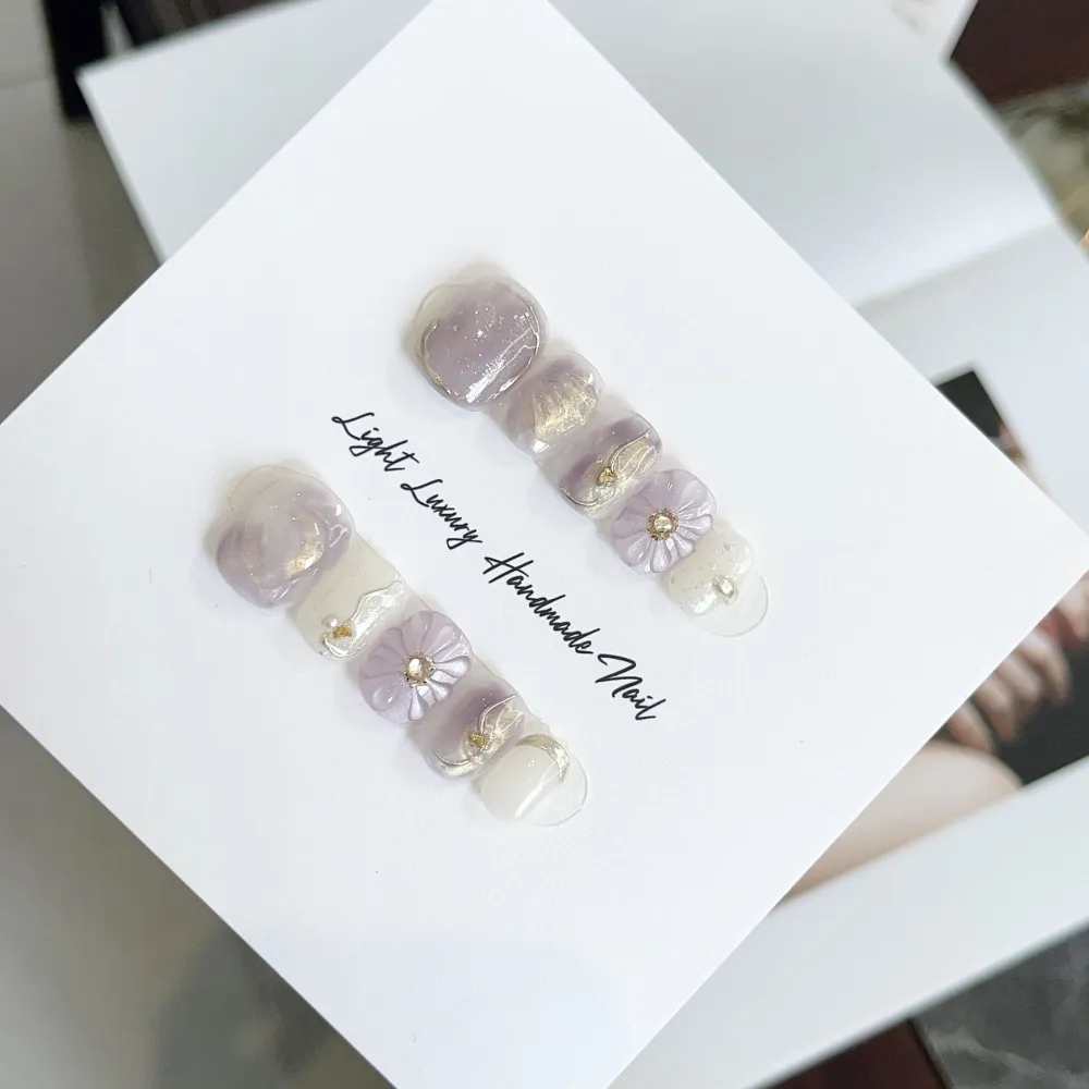 Nailhour 10Pcs Purple Cat Eye Gilded Short Squoval Press On Nails