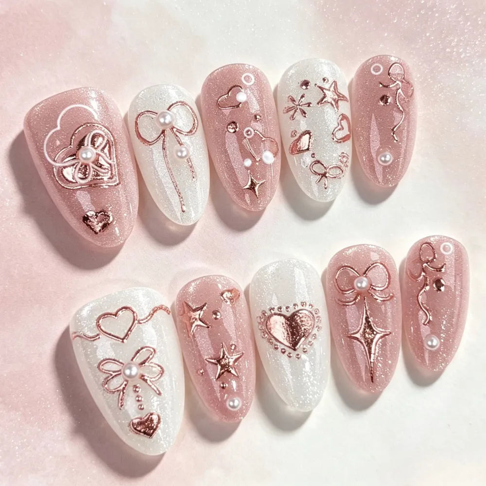 Nailhour 30Pcs Pink Cat Eye Gilded Short Almond Press On Nails