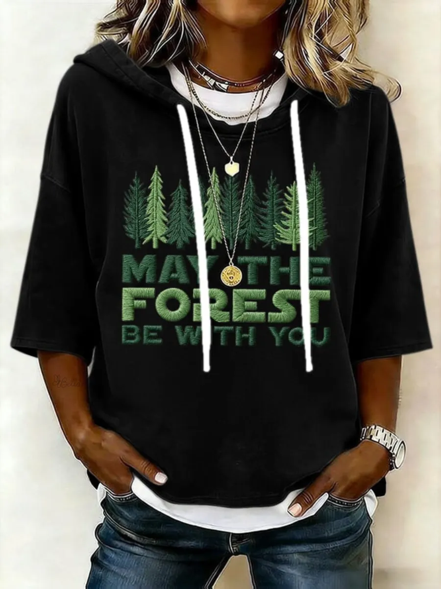 Women's Retro May The Forest Be With You Print Short-Sleeve Hoodie