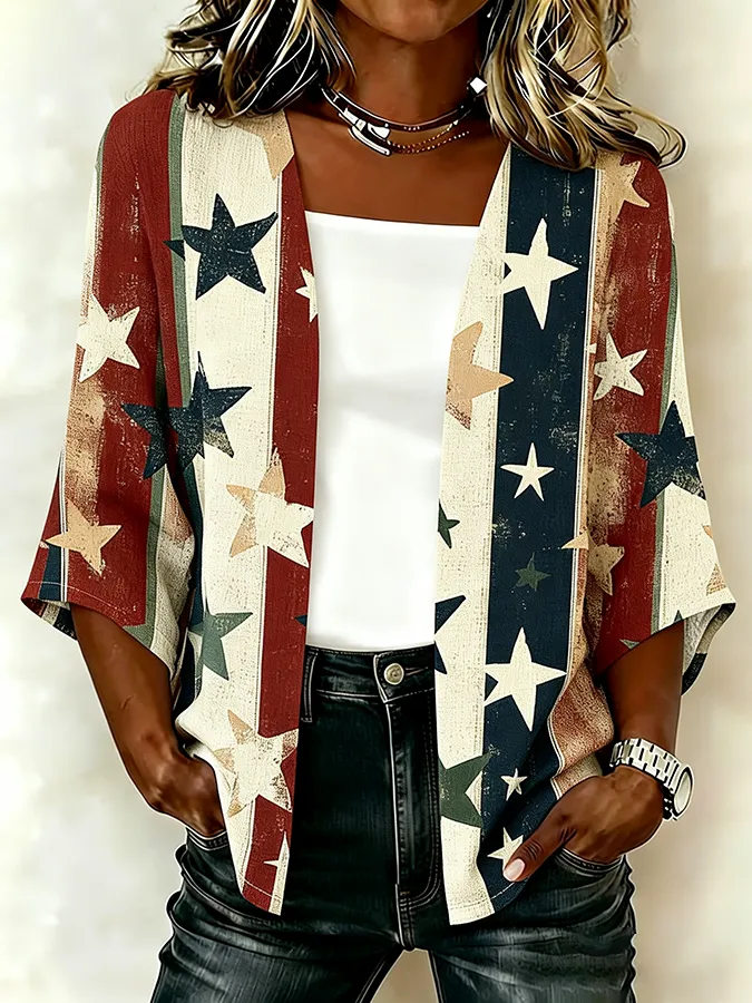 Women'S Casual Loose Independence Day Patriotic Cardigan