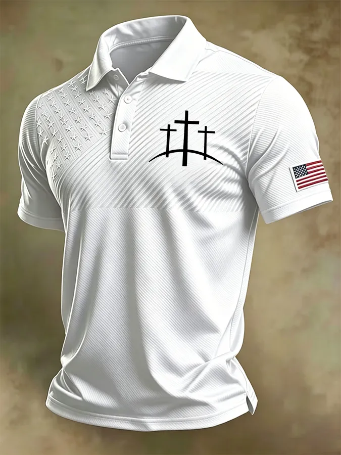 Men'S Retro National Flag And Cross Print Print Casual Polo Shirt