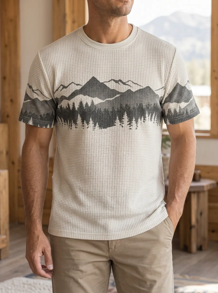 Men's Nature Outdoor Lover Mountain Forest Waffle Contemporary Crew Neck T-Shirt