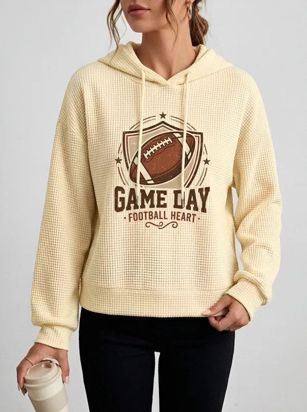 Women's Game Day Football Heart Shield Printed Waffle Hoodie
