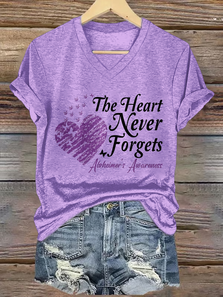 Women's  The Heart Never Forgets Alzheimer's Awereness V-Neck T-Shirt
