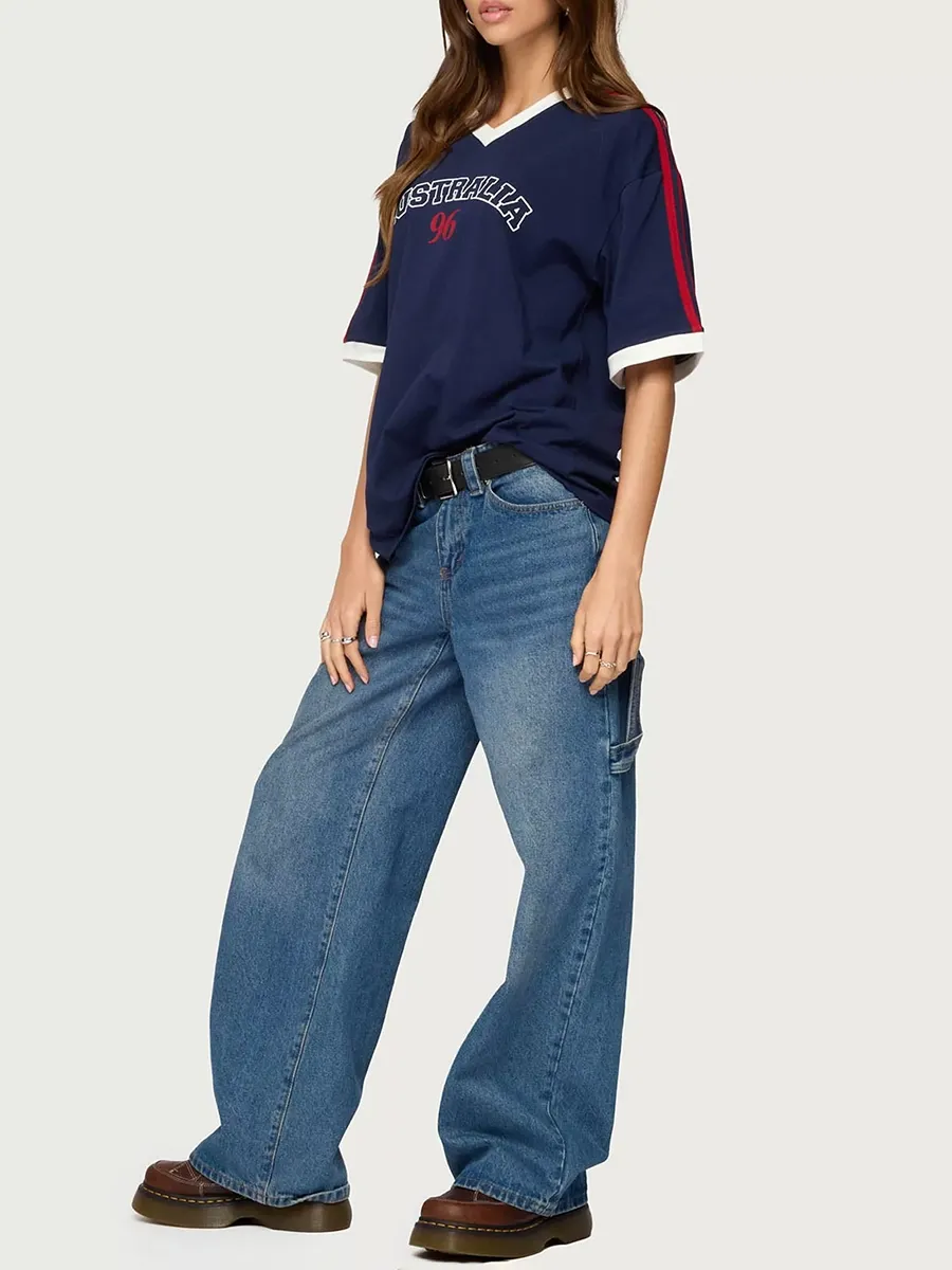 Women's Letter-Printed Color-Blocking V-Neck T-Shirt